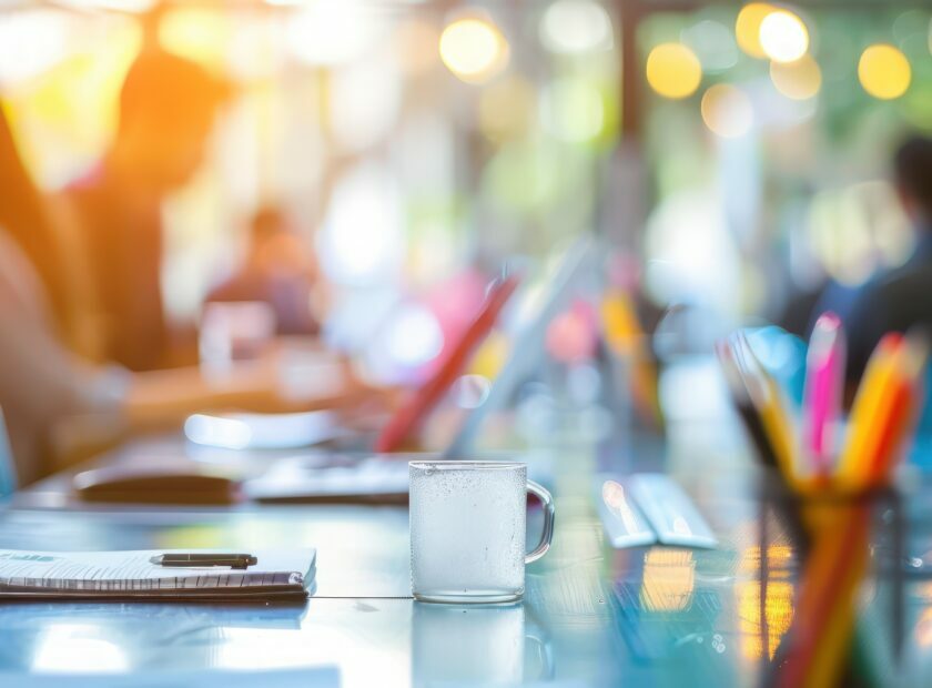 An office meeting room with businesspeople in blurred style background.AI generated image